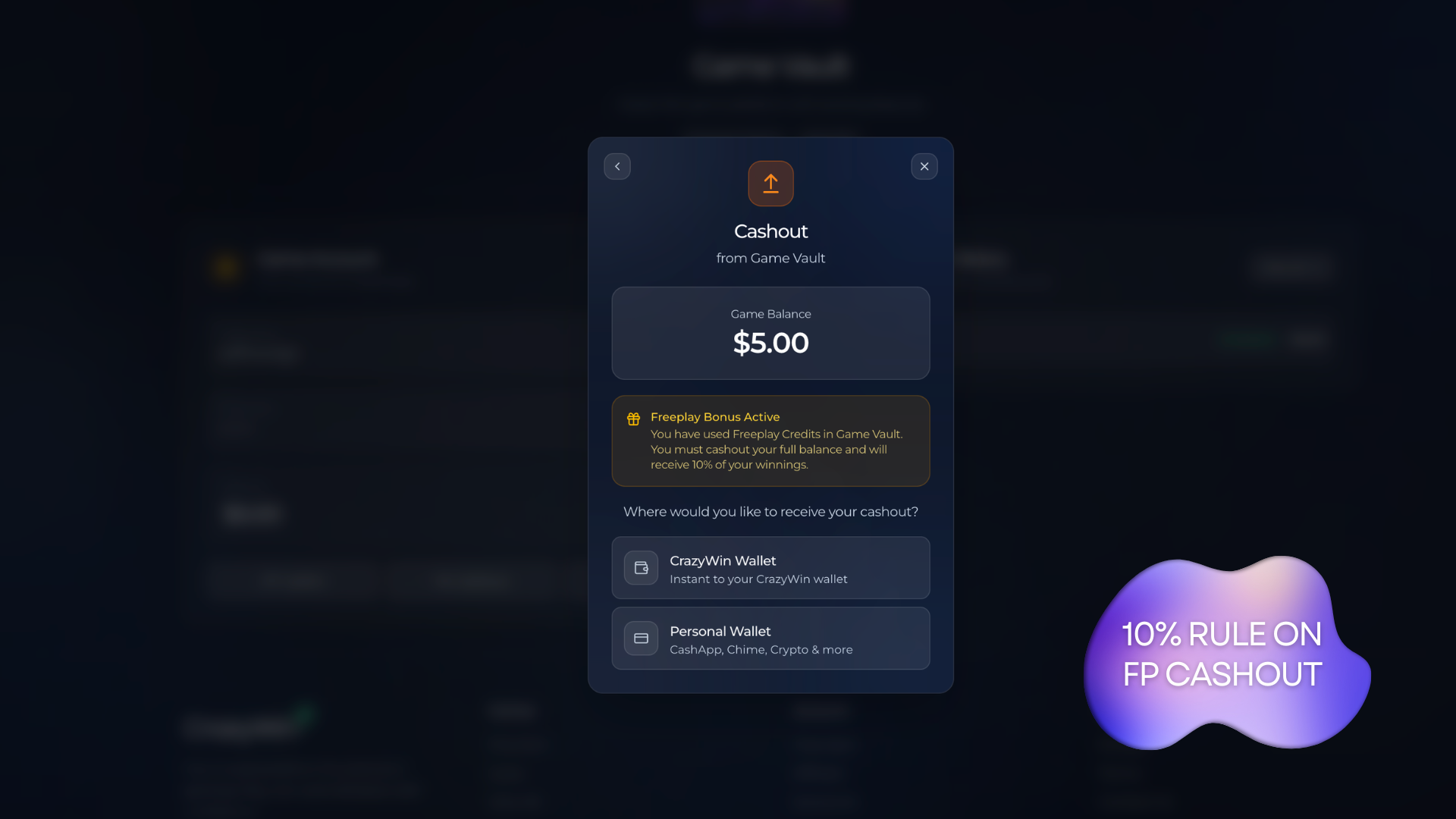 CrazyWin freeplay cashout showing the 10% payout and full-balance rule