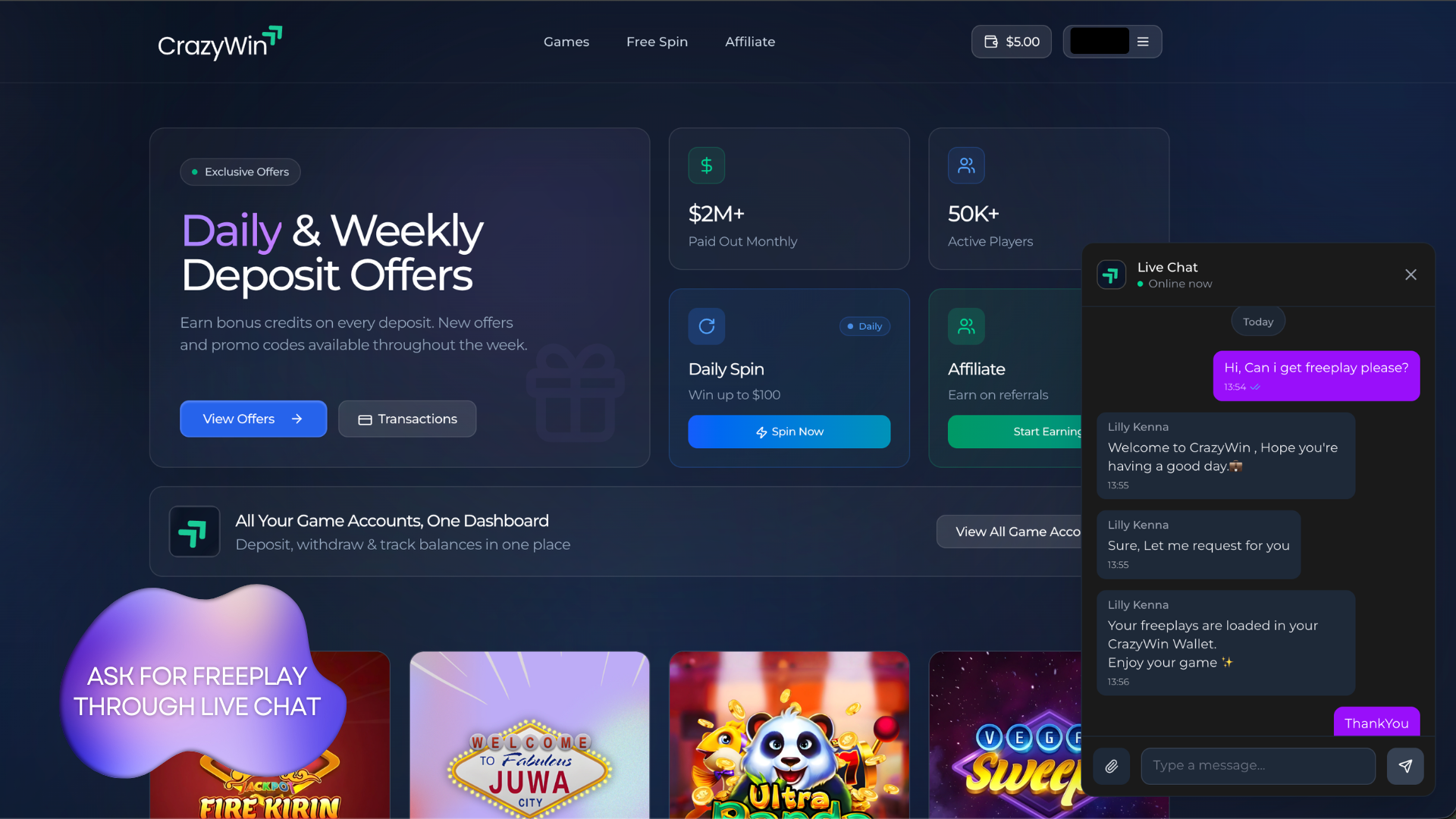 Asking a CrazyWin agent for freeplays in live chat