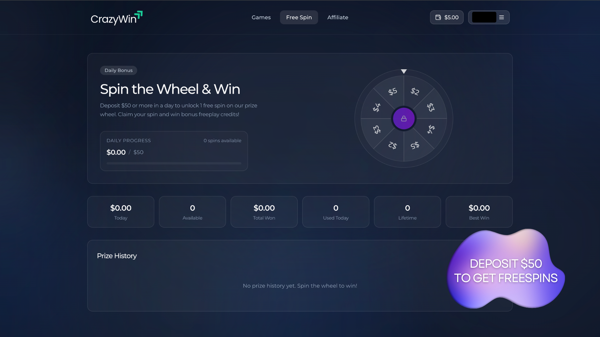 CrazyWin Free Spin prize wheel and the daily deposit progress toward $50